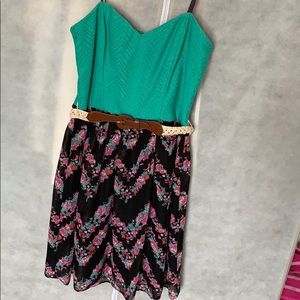 Strapless teal and floral dress